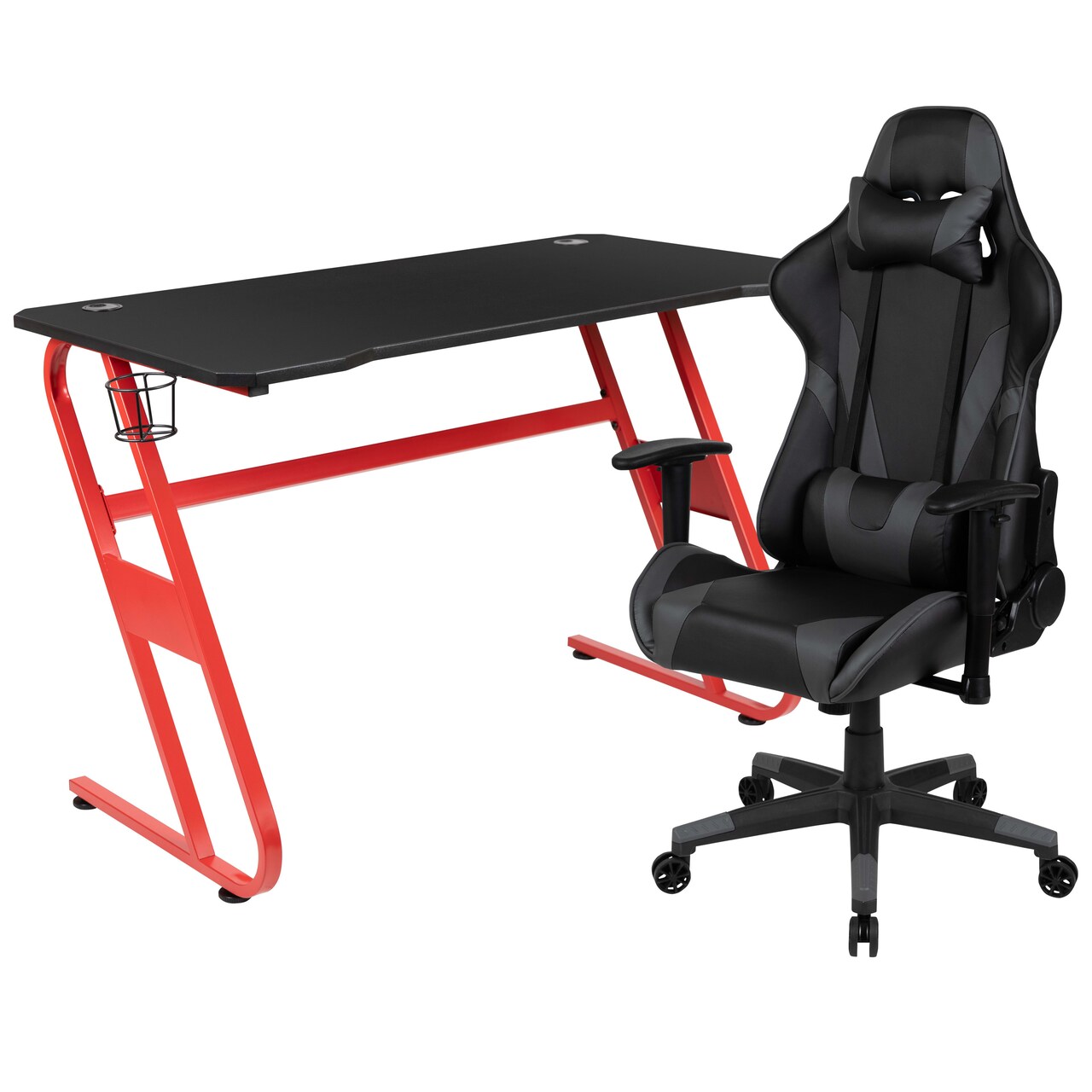 Emma and Oliver Desk Bundle-Gaming Desk, Cup Holder, Headphone Hook and Reclining Chair